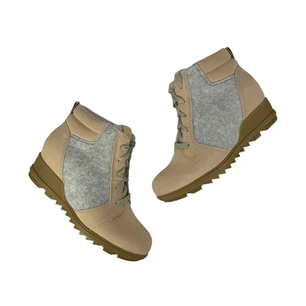 Sorel Evie Ankle Lace Boots Wedge Womens 8 WP Suede Wedge‎ Ceramic Natural